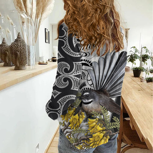 New Zealand Fantail Bird Women Casual Shirt Maori Piwakawaka Kowhai Maori Pattern