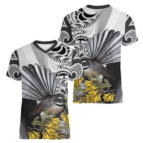 New Zealand Fantail Bird Women V-Neck T-Shirt Maori Piwakawaka Kowhai Maori Pattern