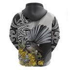 New Zealand Fantail Bird Zip Hoodie Maori Piwakawaka Kowhai Maori Pattern