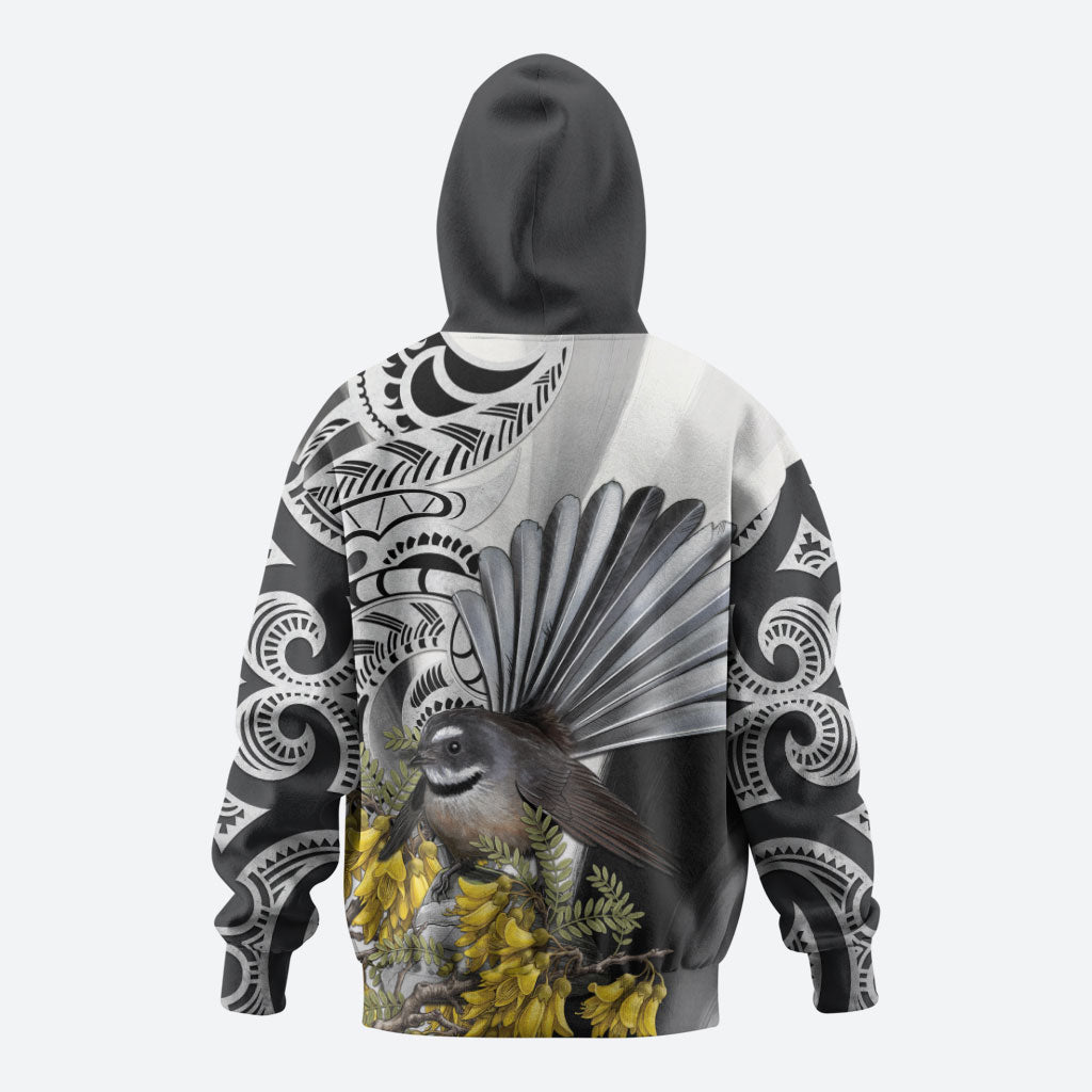 New Zealand Fantail Bird Zip Hoodie Maori Piwakawaka Kowhai Maori Pattern
