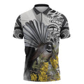 New Zealand Fantail Bird Zipper Polo Shirt Maori Piwakawaka Kowhai Maori Pattern