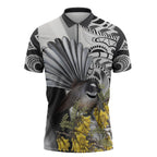 New Zealand Fantail Bird Zipper Polo Shirt Maori Piwakawaka Kowhai Maori Pattern