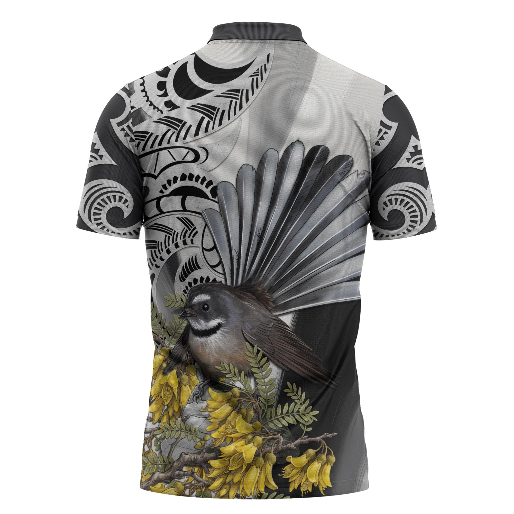 New Zealand Fantail Bird Zipper Polo Shirt Maori Piwakawaka Kowhai Maori Pattern