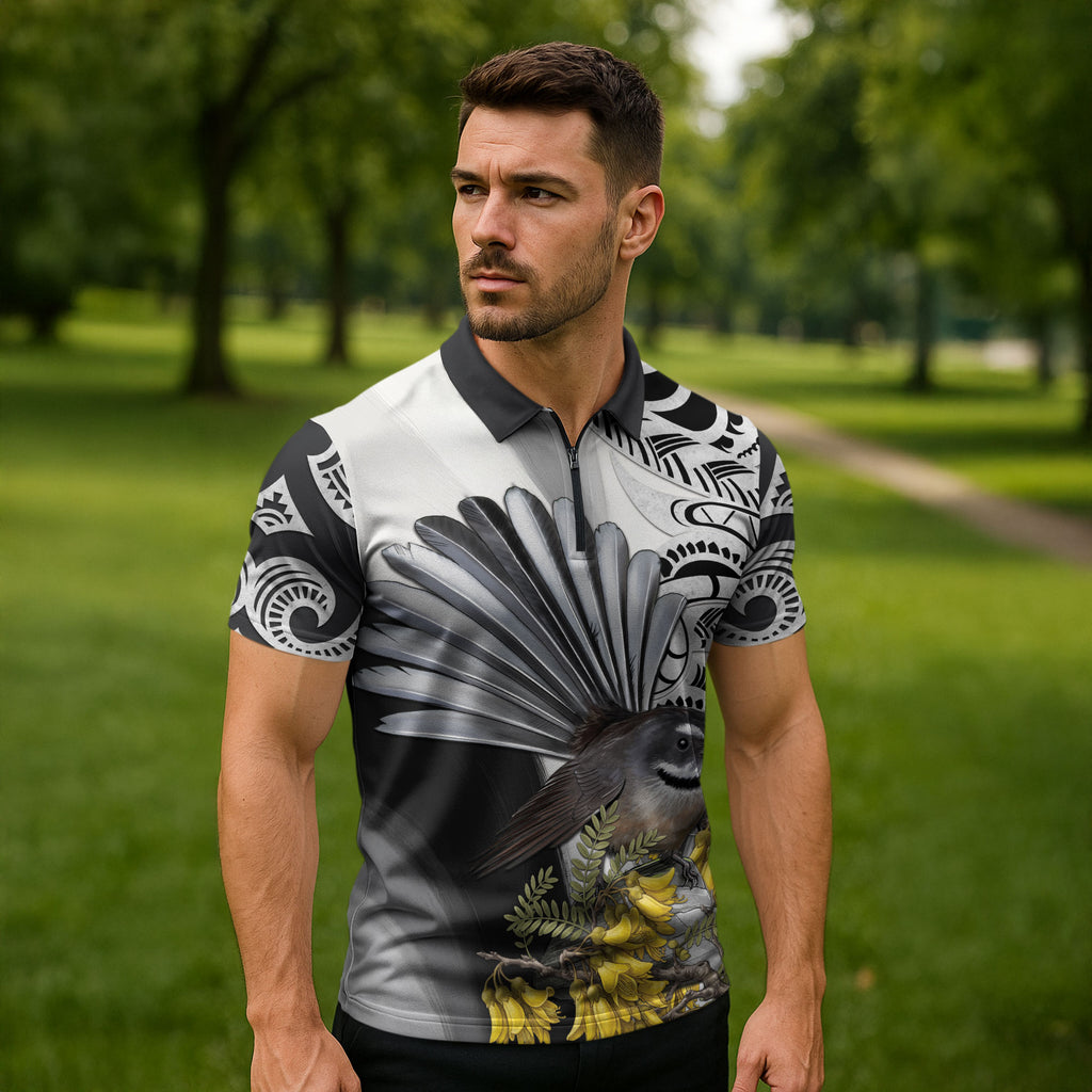 New Zealand Fantail Bird Zipper Polo Shirt Maori Piwakawaka Kowhai Maori Pattern