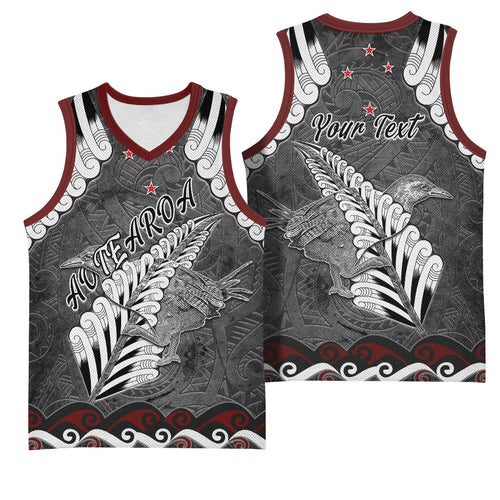 New Zealand Weka Personalised Basketball Jersey Aotearoa Hen Silver Fern Maori Pattern