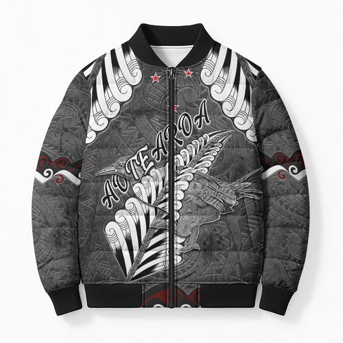 New Zealand Weka Personalised Bomber Puffer Jacket Aotearoa Hen Silver Fern Maori Pattern