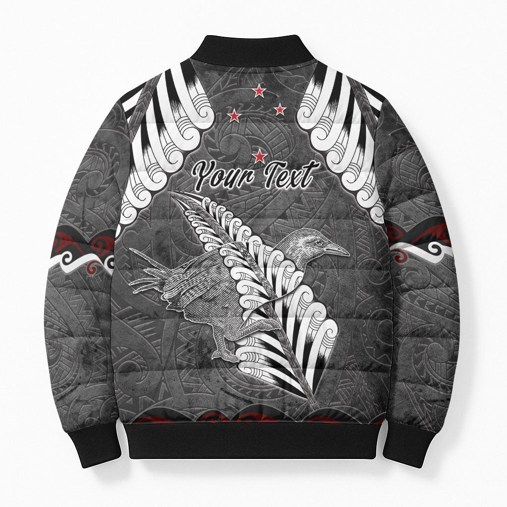 New Zealand Weka Personalised Bomber Puffer Jacket Aotearoa Hen Silver Fern Maori Pattern
