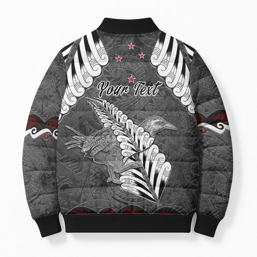 New Zealand Weka Personalised Bomber Puffer Jacket Aotearoa Hen Silver Fern Maori Pattern