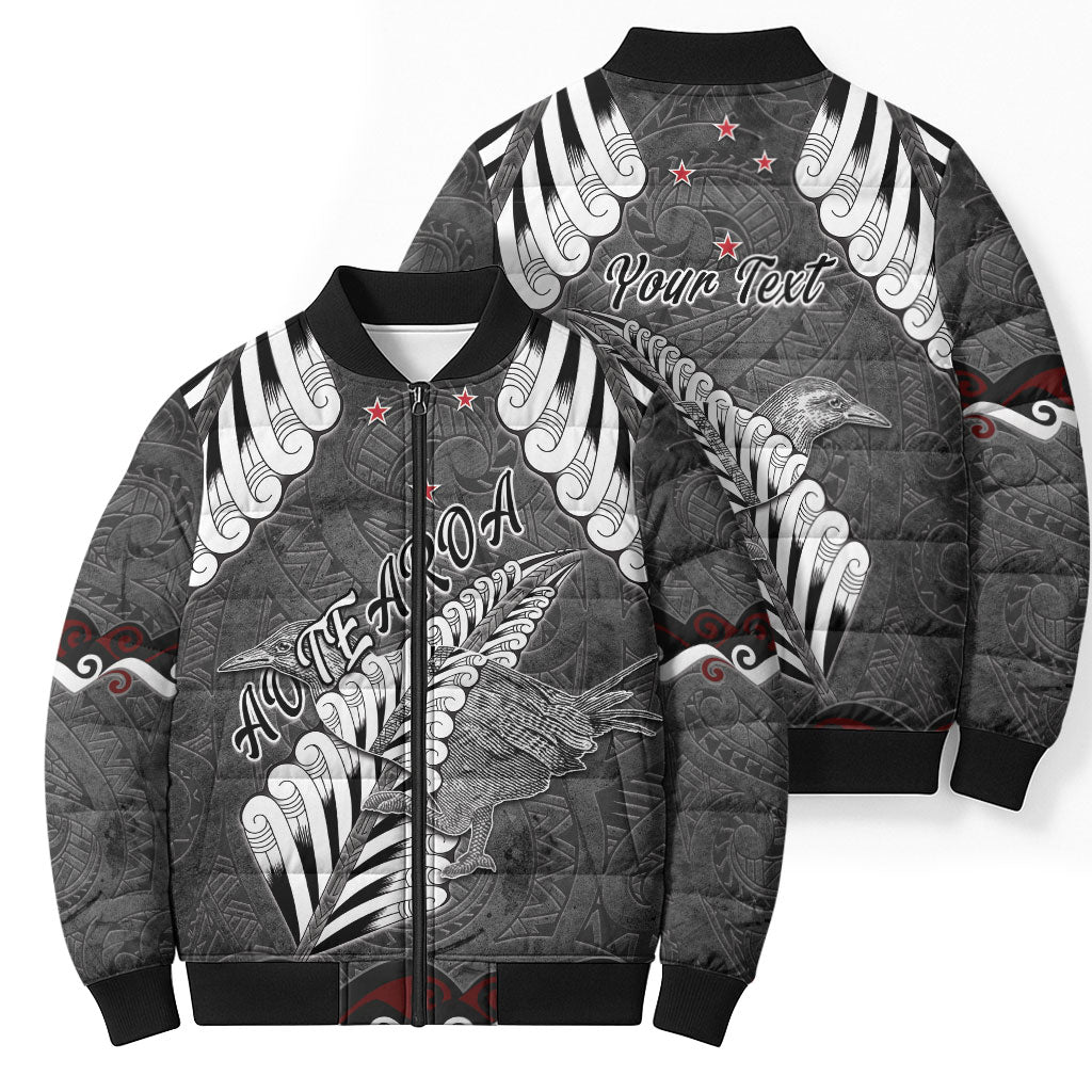 New Zealand Weka Personalised Bomber Puffer Jacket Aotearoa Hen Silver Fern Maori Pattern