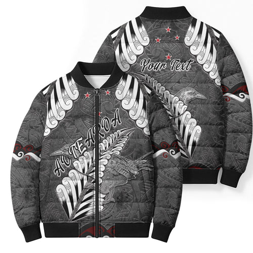 New Zealand Weka Personalised Bomber Puffer Jacket Aotearoa Hen Silver Fern Maori Pattern