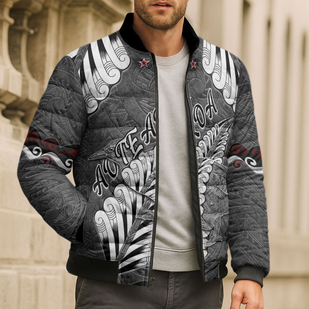 New Zealand Weka Personalised Bomber Puffer Jacket Aotearoa Hen Silver Fern Maori Pattern