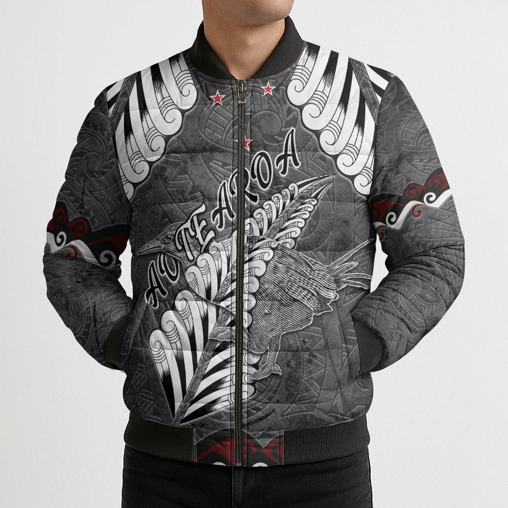 New Zealand Weka Personalised Bomber Puffer Jacket Aotearoa Hen Silver Fern Maori Pattern