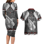 New Zealand Weka Personalised Couples Matching Long Sleeve Bodycon Dress and Hawaiian Shirt Aotearoa Hen Silver Fern Maori Pattern
