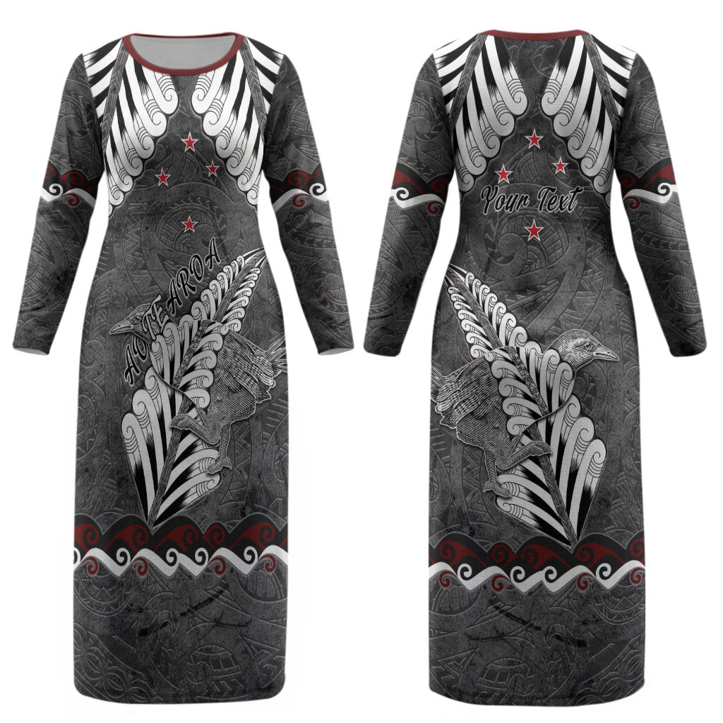 New Zealand Weka Personalised Couples Matching Long Sleeve Bodycon Dress and Hawaiian Shirt Aotearoa Hen Silver Fern Maori Pattern LT22