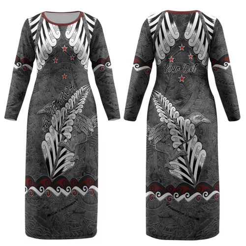 New Zealand Weka Personalised Couples Matching Long Sleeve Bodycon Dress and Hawaiian Shirt Aotearoa Hen Silver Fern Maori Pattern LT22