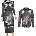 New Zealand Weka Personalised Couples Matching Long Sleeve Bodycon Dress and Long Sleeve Button Shirt Aotearoa Hen Silver Fern Maori Pattern