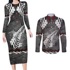 New Zealand Weka Personalised Couples Matching Long Sleeve Bodycon Dress and Long Sleeve Button Shirt Aotearoa Hen Silver Fern Maori Pattern