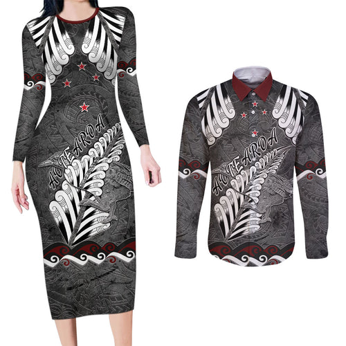 New Zealand Weka Personalised Couples Matching Long Sleeve Bodycon Dress and Long Sleeve Button Shirt Aotearoa Hen Silver Fern Maori Pattern