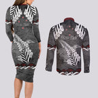 New Zealand Weka Personalised Couples Matching Long Sleeve Bodycon Dress and Long Sleeve Button Shirt Aotearoa Hen Silver Fern Maori Pattern