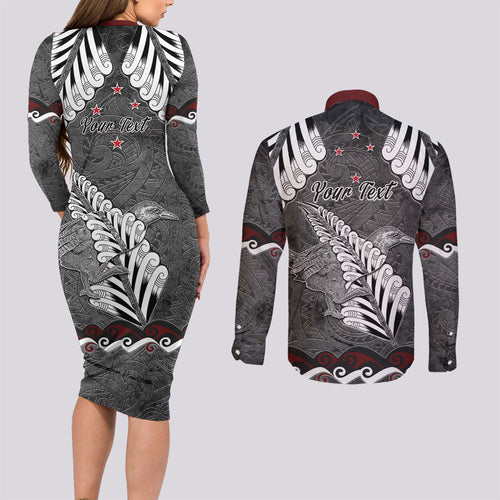 New Zealand Weka Personalised Couples Matching Long Sleeve Bodycon Dress and Long Sleeve Button Shirt Aotearoa Hen Silver Fern Maori Pattern