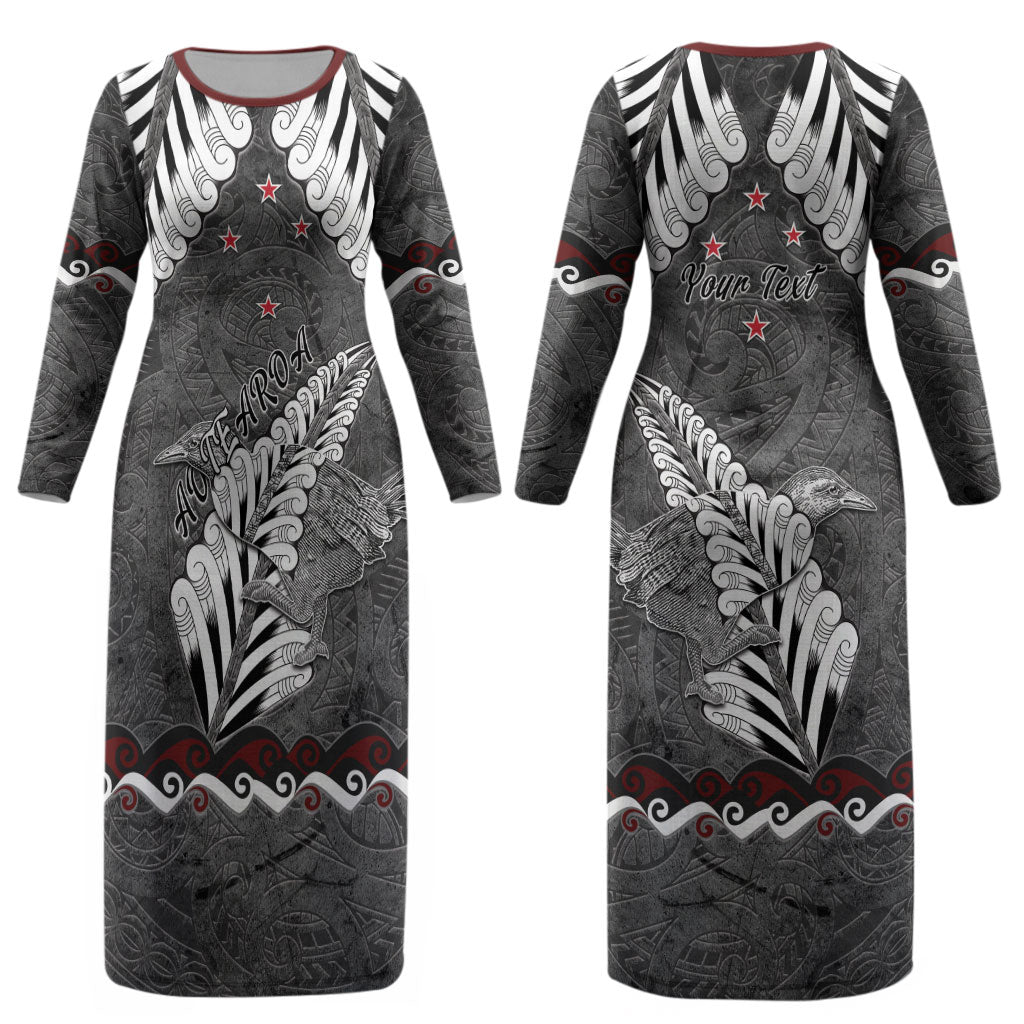 New Zealand Weka Personalised Couples Matching Long Sleeve Bodycon Dress and Long Sleeve Button Shirt Aotearoa Hen Silver Fern Maori Pattern LT22