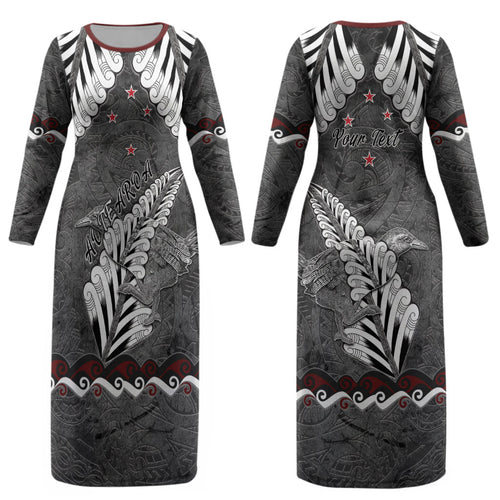 New Zealand Weka Personalised Couples Matching Long Sleeve Bodycon Dress and Long Sleeve Button Shirt Aotearoa Hen Silver Fern Maori Pattern LT22