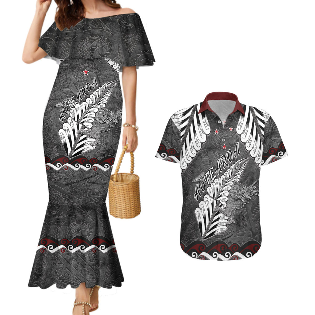 New Zealand Weka Personalised Couples Matching Mermaid Dress and Hawaiian Shirt Aotearoa Hen Silver Fern Maori Pattern