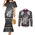 New Zealand Weka Personalised Couples Matching Mermaid Dress and Long Sleeve Button Shirt Aotearoa Hen Silver Fern Maori Pattern