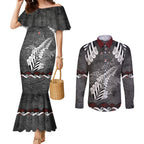 New Zealand Weka Personalised Couples Matching Mermaid Dress and Long Sleeve Button Shirt Aotearoa Hen Silver Fern Maori Pattern