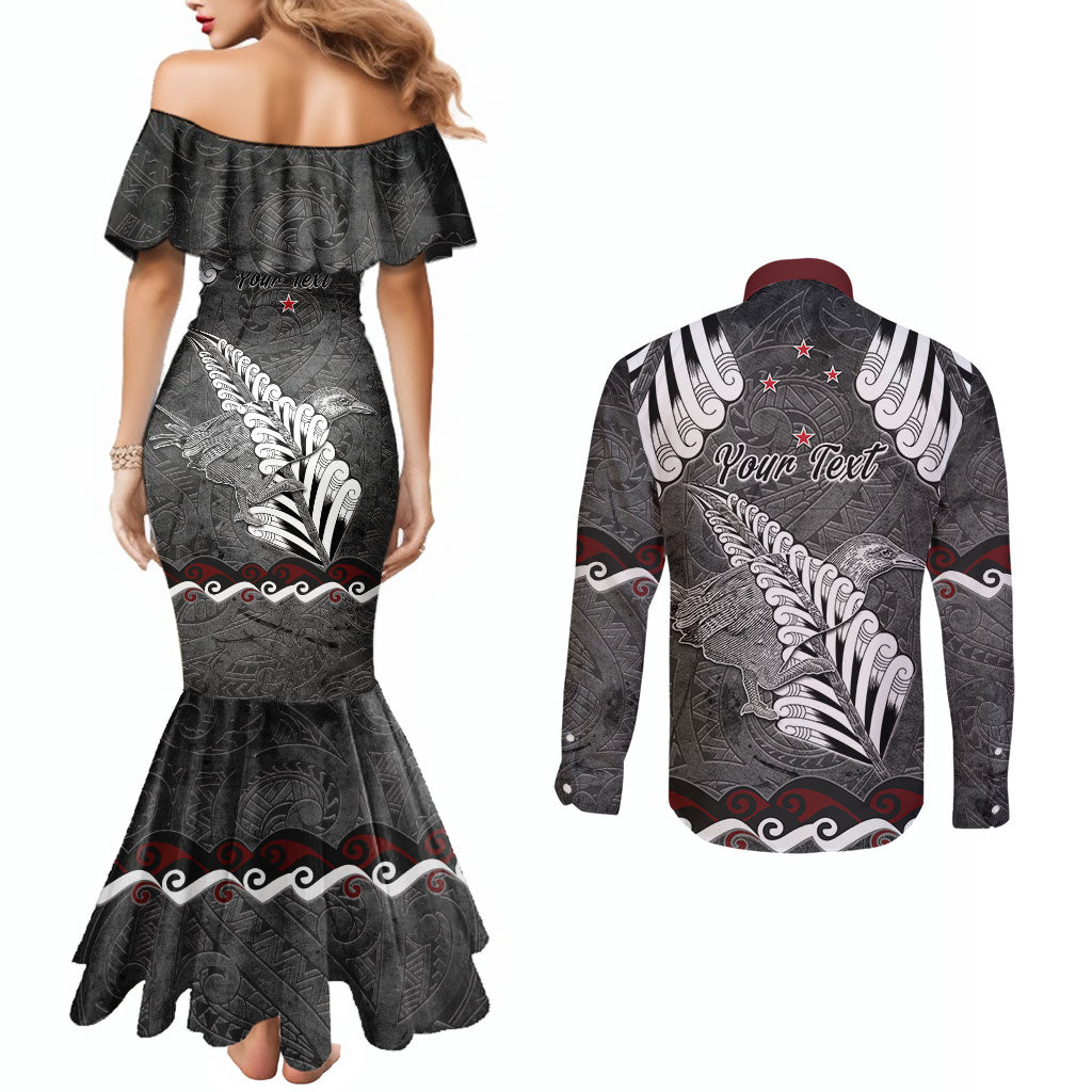 New Zealand Weka Personalised Couples Matching Mermaid Dress and Long Sleeve Button Shirt Aotearoa Hen Silver Fern Maori Pattern