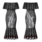 New Zealand Weka Personalised Couples Matching Mermaid Dress and Long Sleeve Button Shirt Aotearoa Hen Silver Fern Maori Pattern LT22