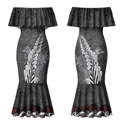 New Zealand Weka Personalised Couples Matching Mermaid Dress and Long Sleeve Button Shirt Aotearoa Hen Silver Fern Maori Pattern LT22