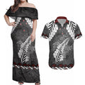 New Zealand Weka Personalised Couples Matching Off Shoulder Maxi Dress and Hawaiian Shirt Aotearoa Hen Silver Fern Maori Pattern