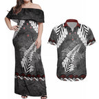 New Zealand Weka Personalised Couples Matching Off Shoulder Maxi Dress and Hawaiian Shirt Aotearoa Hen Silver Fern Maori Pattern