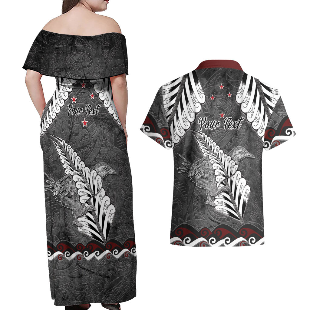 New Zealand Weka Personalised Couples Matching Off Shoulder Maxi Dress and Hawaiian Shirt Aotearoa Hen Silver Fern Maori Pattern