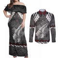 New Zealand Weka Personalised Couples Matching Off Shoulder Maxi Dress and Long Sleeve Button Shirt Aotearoa Hen Silver Fern Maori Pattern
