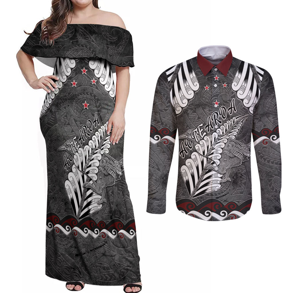 New Zealand Weka Personalised Couples Matching Off Shoulder Maxi Dress and Long Sleeve Button Shirt Aotearoa Hen Silver Fern Maori Pattern