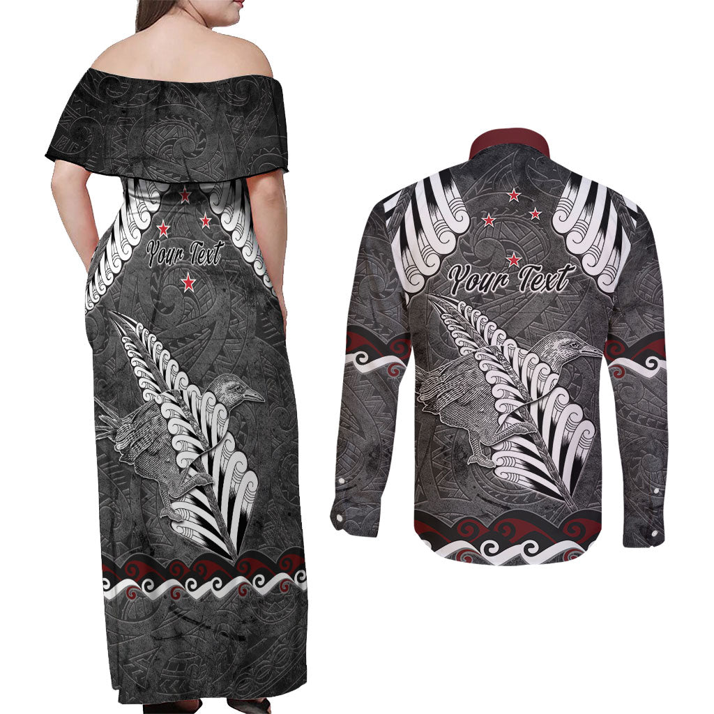New Zealand Weka Personalised Couples Matching Off Shoulder Maxi Dress and Long Sleeve Button Shirt Aotearoa Hen Silver Fern Maori Pattern