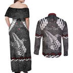New Zealand Weka Personalised Couples Matching Off Shoulder Maxi Dress and Long Sleeve Button Shirt Aotearoa Hen Silver Fern Maori Pattern