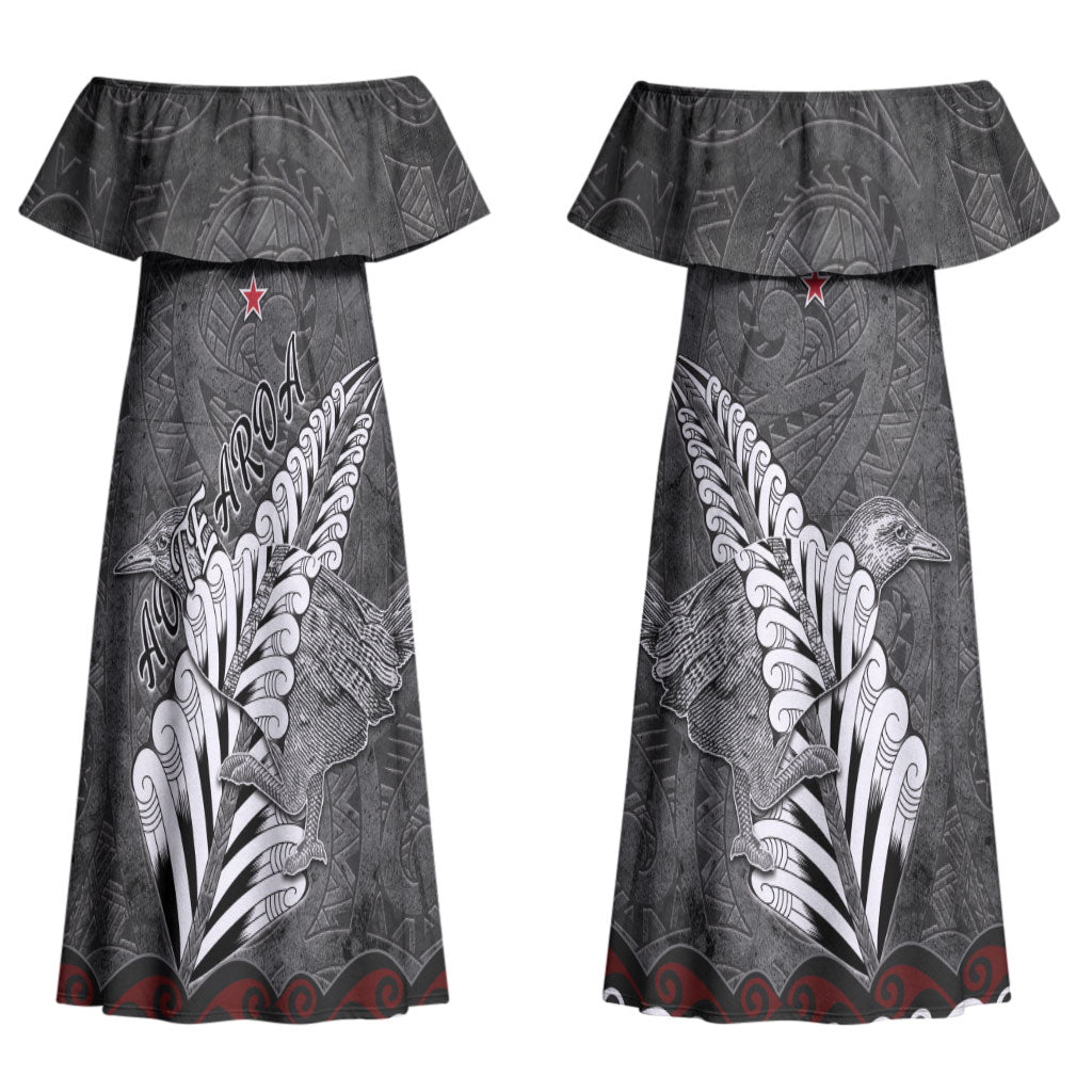 New Zealand Weka Personalised Couples Matching Off Shoulder Maxi Dress and Long Sleeve Button Shirt Aotearoa Hen Silver Fern Maori Pattern LT22