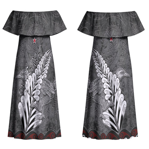 New Zealand Weka Personalised Couples Matching Off Shoulder Maxi Dress and Long Sleeve Button Shirt Aotearoa Hen Silver Fern Maori Pattern LT22