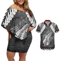 New Zealand Weka Personalised Couples Matching Off Shoulder Short Dress and Hawaiian Shirt Aotearoa Hen Silver Fern Maori Pattern
