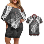 New Zealand Weka Personalised Couples Matching Off Shoulder Short Dress and Hawaiian Shirt Aotearoa Hen Silver Fern Maori Pattern