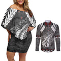New Zealand Weka Personalised Couples Matching Off Shoulder Short Dress and Long Sleeve Button Shirt Aotearoa Hen Silver Fern Maori Pattern