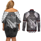 New Zealand Weka Personalised Couples Matching Off Shoulder Short Dress and Long Sleeve Button Shirt Aotearoa Hen Silver Fern Maori Pattern