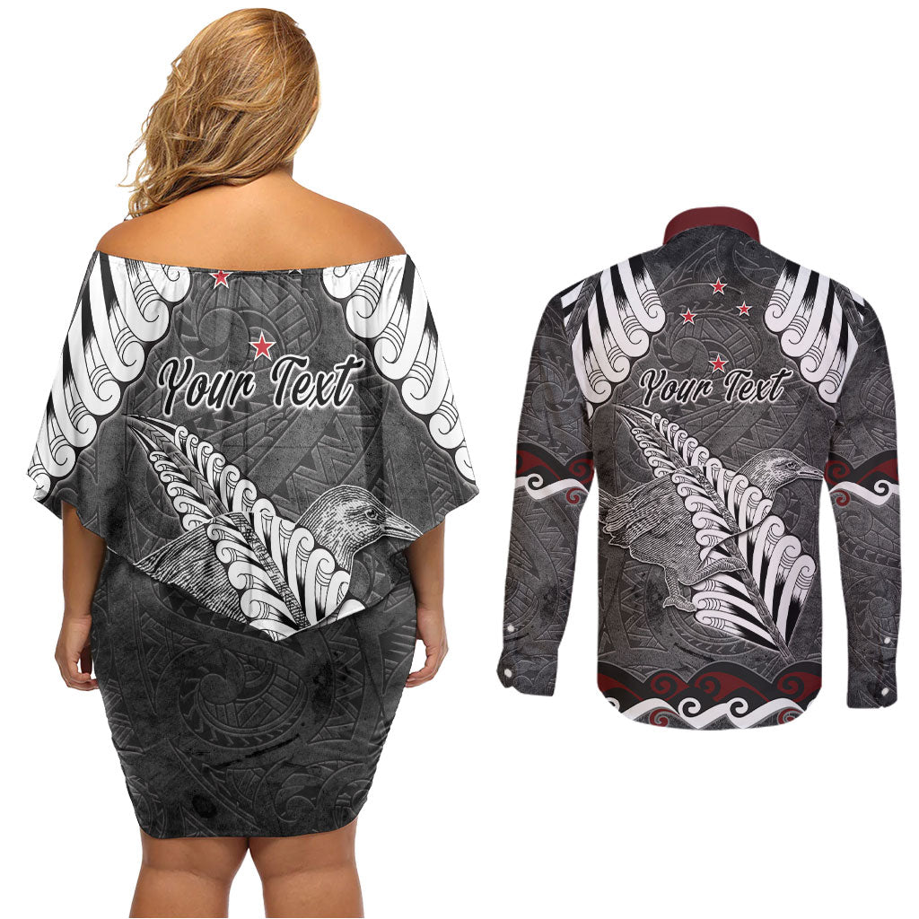 New Zealand Weka Personalised Couples Matching Off Shoulder Short Dress and Long Sleeve Button Shirt Aotearoa Hen Silver Fern Maori Pattern