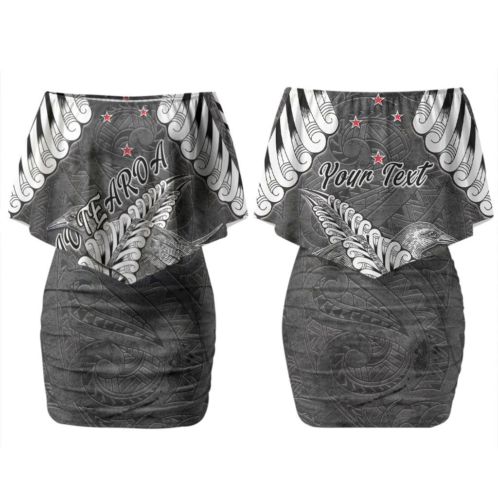 New Zealand Weka Personalised Couples Matching Off Shoulder Short Dress and Long Sleeve Button Shirt Aotearoa Hen Silver Fern Maori Pattern LT22