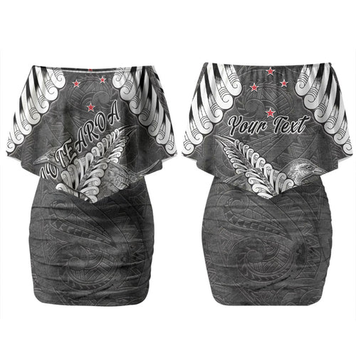 New Zealand Weka Personalised Couples Matching Off Shoulder Short Dress and Long Sleeve Button Shirt Aotearoa Hen Silver Fern Maori Pattern LT22