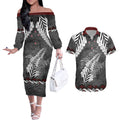 New Zealand Weka Personalised Couples Matching Off The Shoulder Long Sleeve Dress and Hawaiian Shirt Aotearoa Hen Silver Fern Maori Pattern