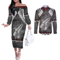 New Zealand Weka Personalised Couples Matching Off The Shoulder Long Sleeve Dress and Long Sleeve Button Shirt Aotearoa Hen Silver Fern Maori Pattern